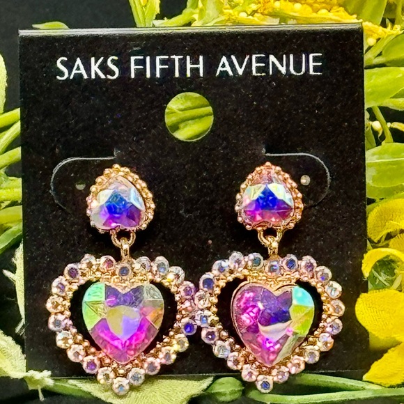 Elegant Saks Fifth Avenue AB Heart Crystal Post With Drop Crystal Heart Ear - Picture 1 of 9